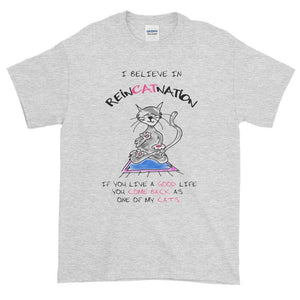 I Believe in ReinCATnation Funny Cat T-Shirt-Ash-S-Awkward T-Shirts