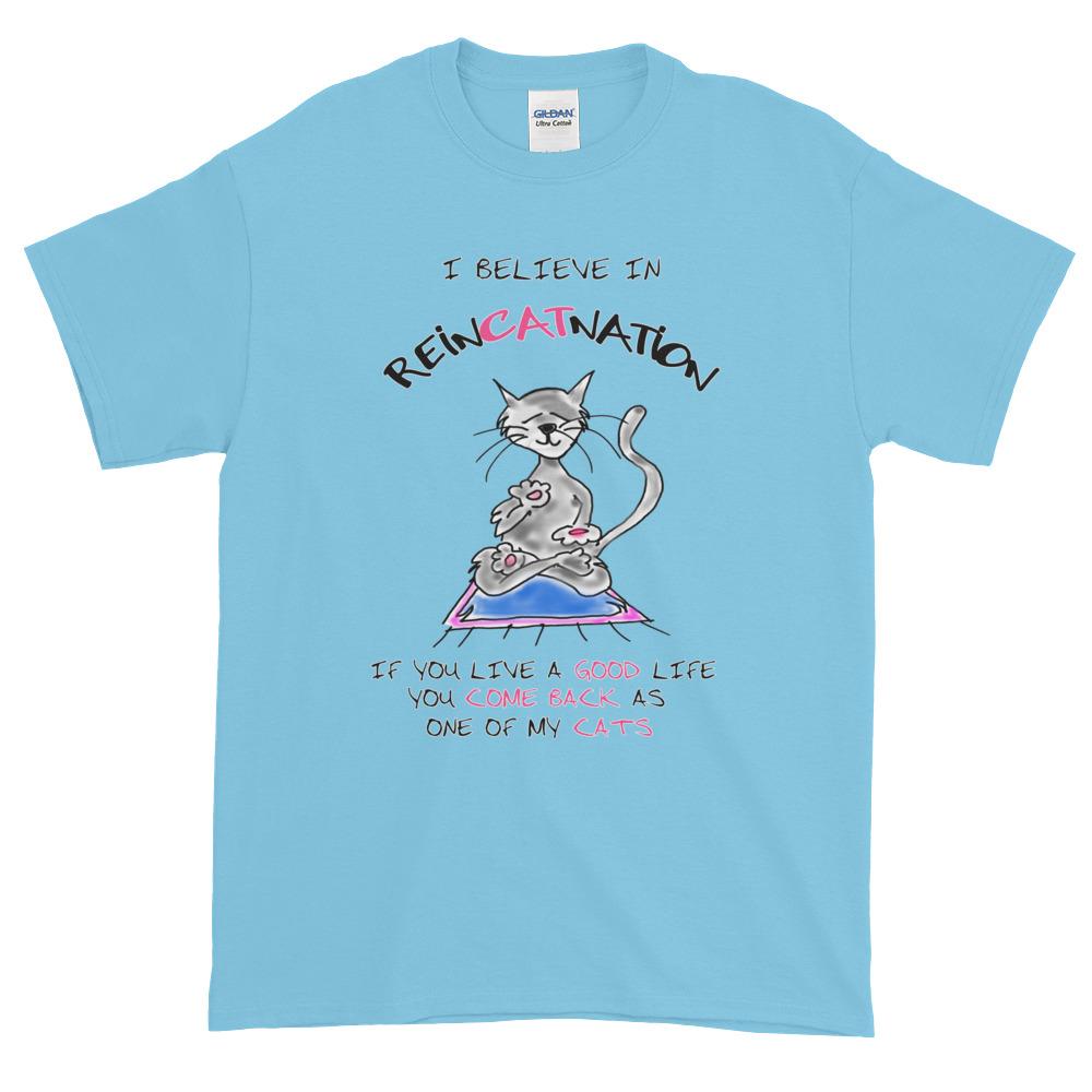 I Believe in ReinCATnation Funny Cat T-Shirt-Sky-S-Awkward T-Shirts