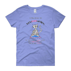 I Believe in ReinCATnation Women's T-shirt-Carolina Blue-S-Awkward T-Shirts