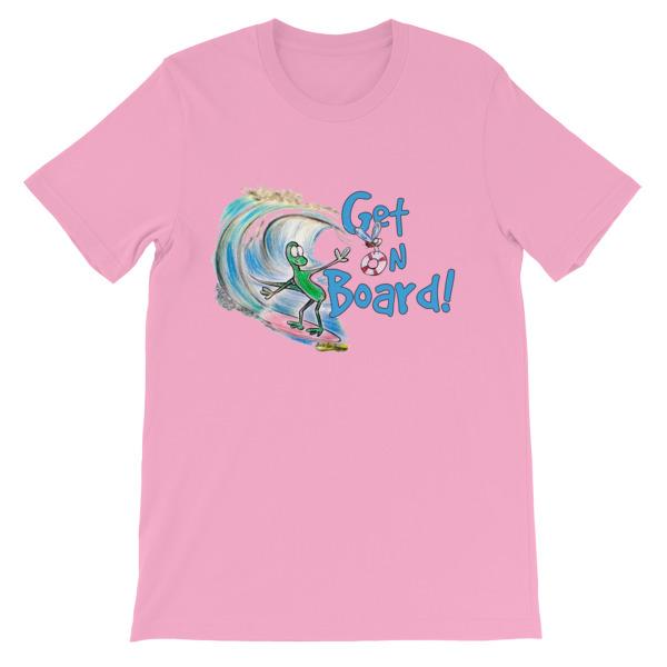 Get On Board Surfing T-shirt-Pink-S-Awkward T-Shirts
