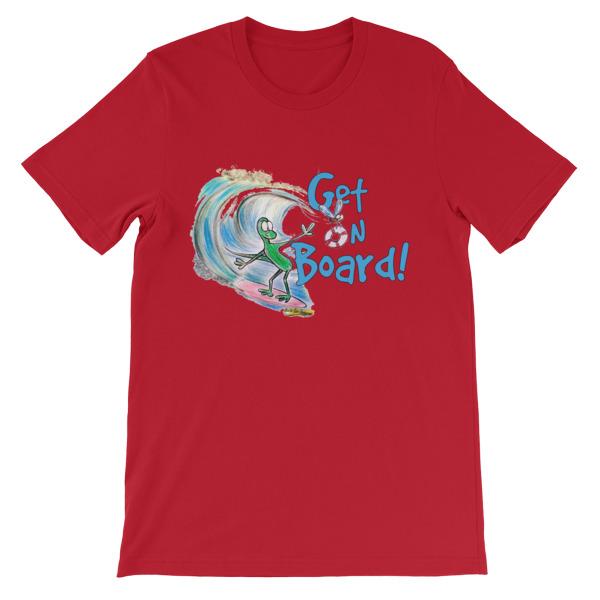 Get On Board Surfing T-shirt-Red-S-Awkward T-Shirts