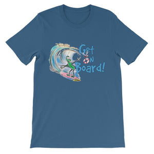 Get On Board Surfing T-shirt-Steel Blue-S-Awkward T-Shirts