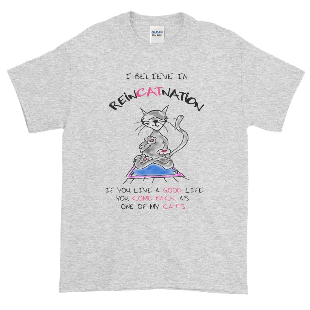 I Believe in ReinCATnation Funny Cat T-Shirt-Ash-S-Awkward T-Shirts