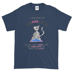 I Believe in ReinCATnation Funny Cat T-Shirt-Blue Dusk-S-Awkward T-Shirts