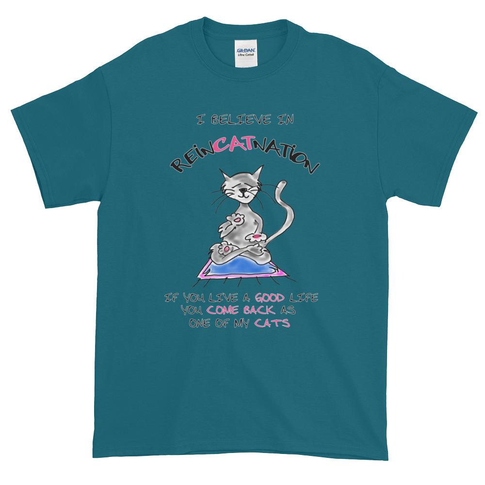 I Believe in ReinCATnation Funny Cat T-Shirt-Galapagos Blue-S-Awkward T-Shirts