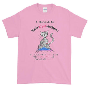 I Believe in ReinCATnation Funny Cat T-Shirt-Light Pink-S-Awkward T-Shirts