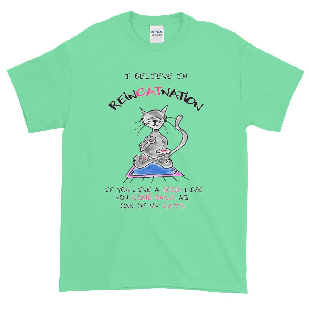 I Believe in ReinCATnation Funny Cat T-Shirt-Mint Green-S-Awkward T-Shirts