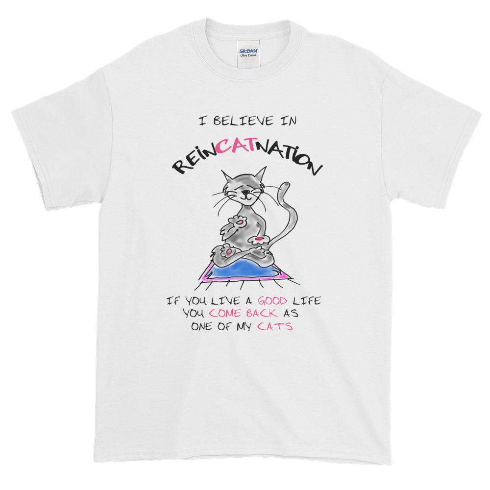 I Believe in ReinCATnation Funny Cat T-Shirt-White-S-Awkward T-Shirts