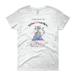 I Believe in ReinCATnation Women's T-shirt-Ash-S-Awkward T-Shirts