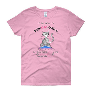 I Believe in ReinCATnation Women's T-shirt-Light Pink-S-Awkward T-Shirts