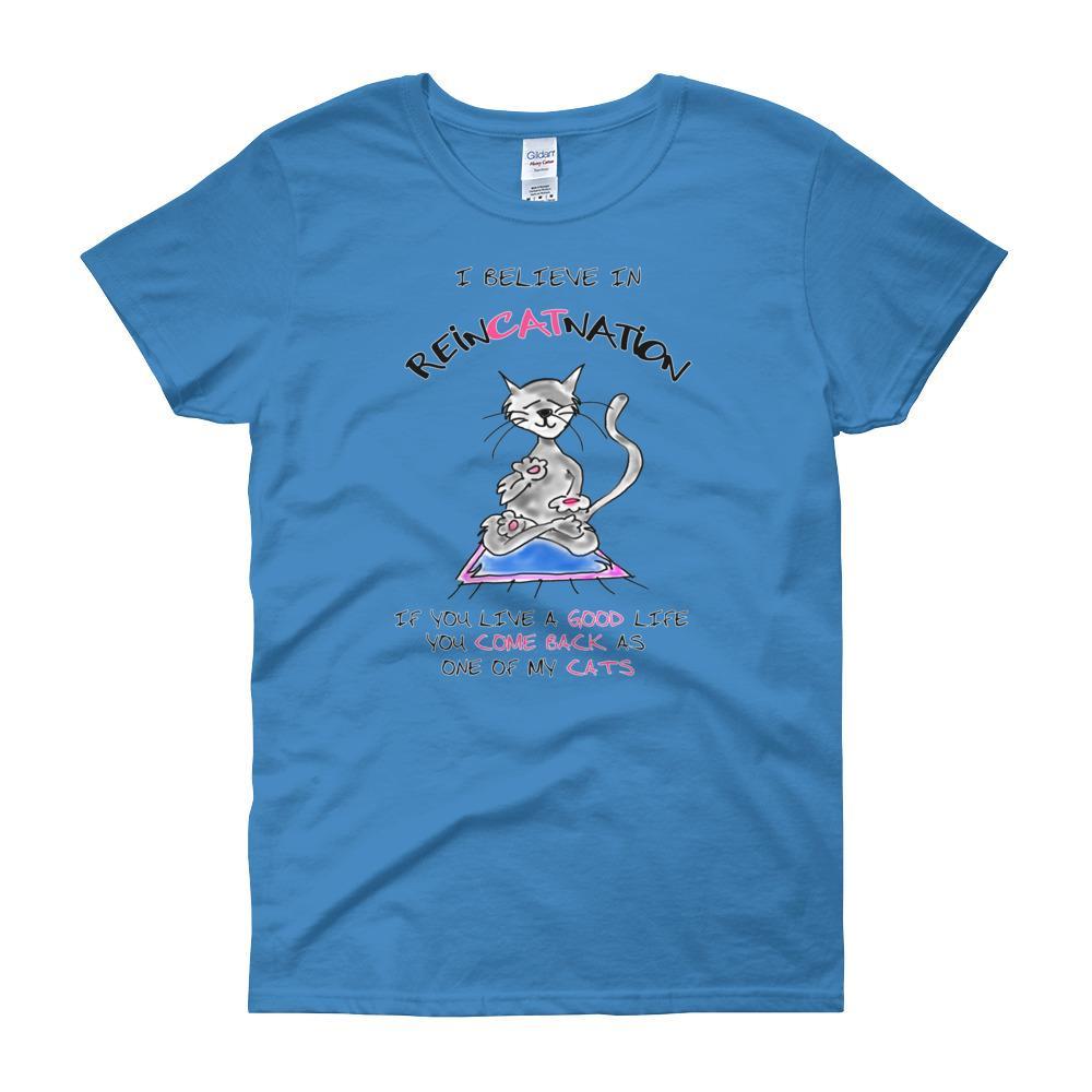 I Believe in ReinCATnation Women's T-shirt-Sapphire-S-Awkward T-Shirts