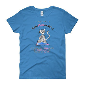 I Believe in ReinCATnation Women's T-shirt-Sapphire-S-Awkward T-Shirts